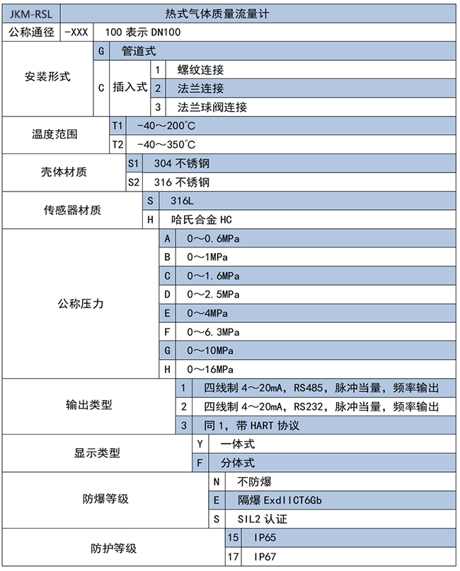 熱式氣體質(zhì)量流量計(jì)選項(xiàng)表